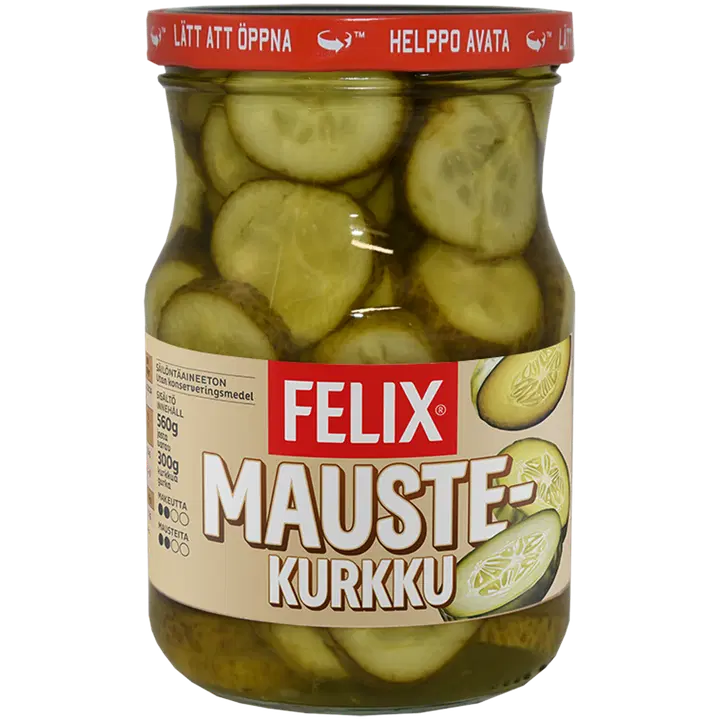 Felix kryddgurka i skivor, skivade gurkor i kryddlag 560/300g