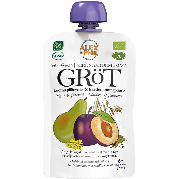 Alex&Phil päärynä- ja kardemummapuuro luomu 100g alkaen 6kk, maidoton ja gluteeniton, vegaaninen