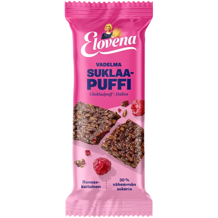Elovena 30g tumma suklaa & vadelma kaurapuffi välipalapatukka