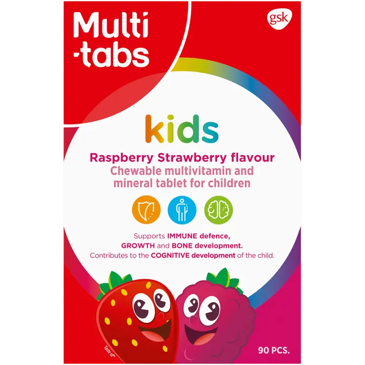 Multi-tabs Kids Monivitamiini Vadelma-Mansikka, Monivitamiini- ja kivennäisainetabletti lapsille, 90 purutablettia