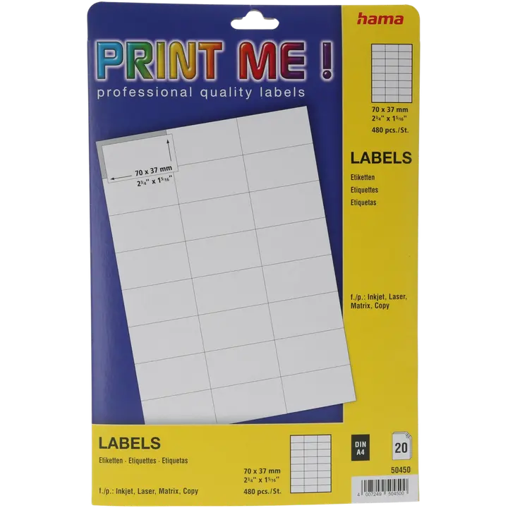 Hama Tarra-arkki, DIN A4, 20 arkkia, 480 etikettitarraa, 70 x 37 mm