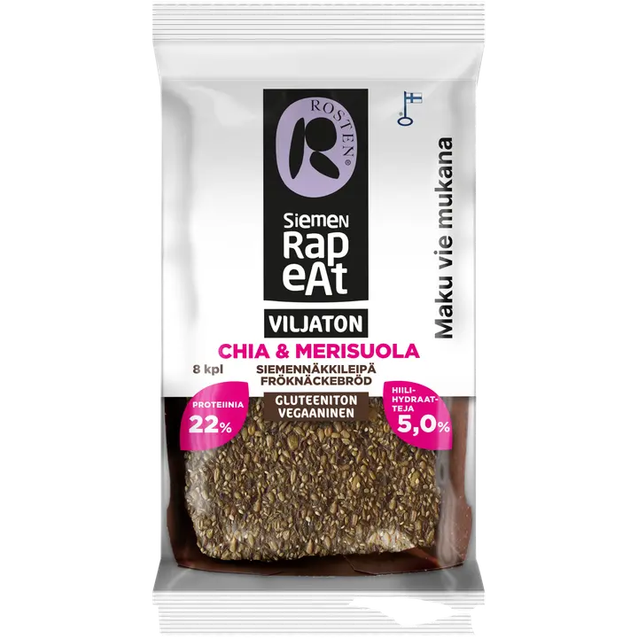 Rosten Siemenrapeat Viljaton siemennäkkileipä Chia & merisuola 8 kpl 170 g