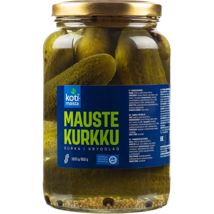 Kotimaista 1650/850 g kokonaisia kurkkuja mausteliemessä