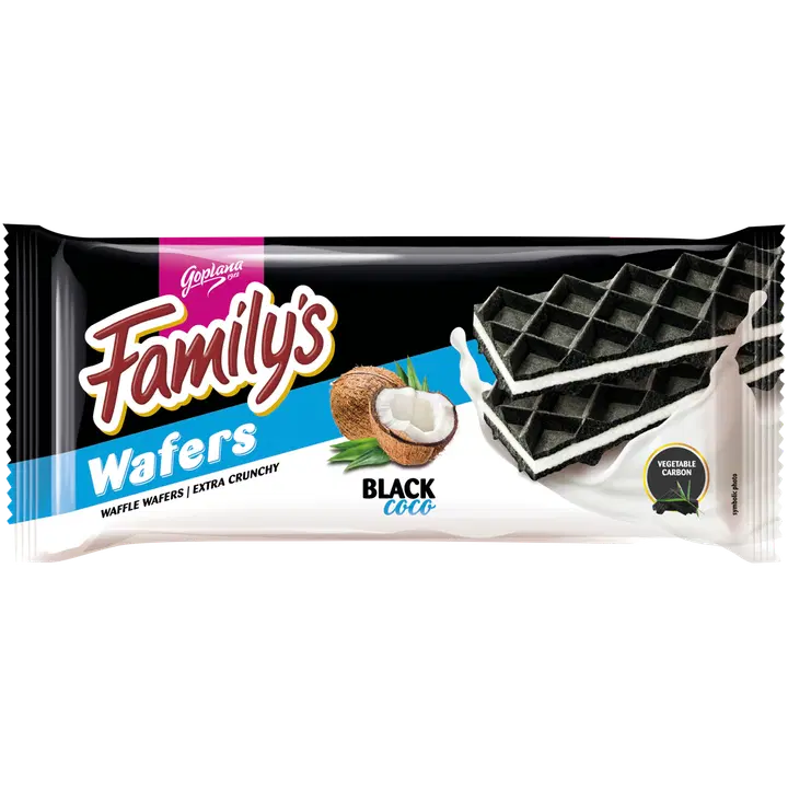 Family’s waffles wafers black coco. Dark wafers with coconut cream 72 %