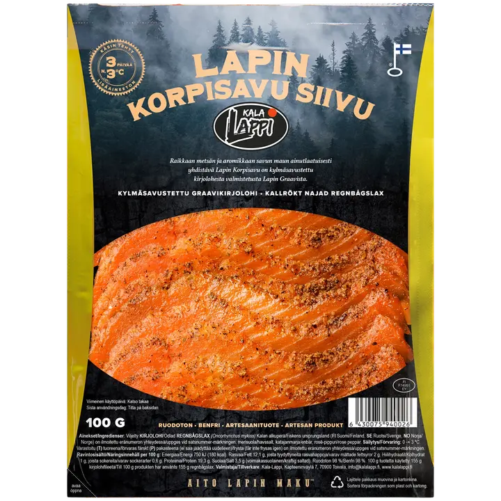 Kala-Lappi Lapin Korpisavu kylmäsavustettu kirjolohisiivu 100 g