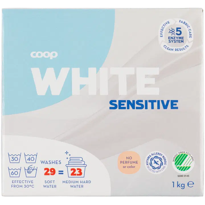 Coop White Sensitive tvättpulver för vittvätt 1kg