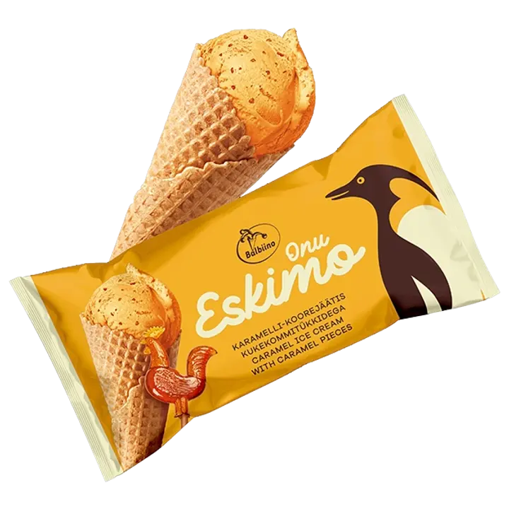 Karamelli-koorejäätis kukekommitükkidega vahvlikoonuses, 80g/165ml