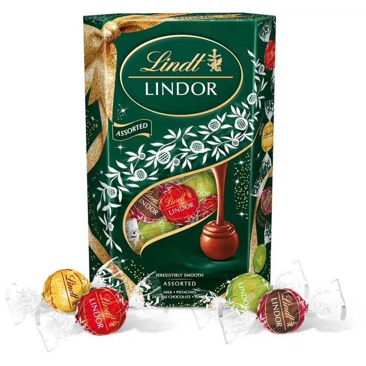 Lindt LINDOR Maito, valkosuklaa, Double Chocolate ja pistaasi suklaakuula pehmeällä täytteellä 337g