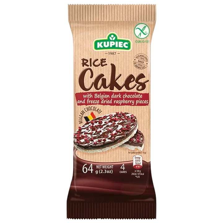 Kupiec riisivahvlid tum šok ja külmkuivatatud vaarikatükkidega 64 g