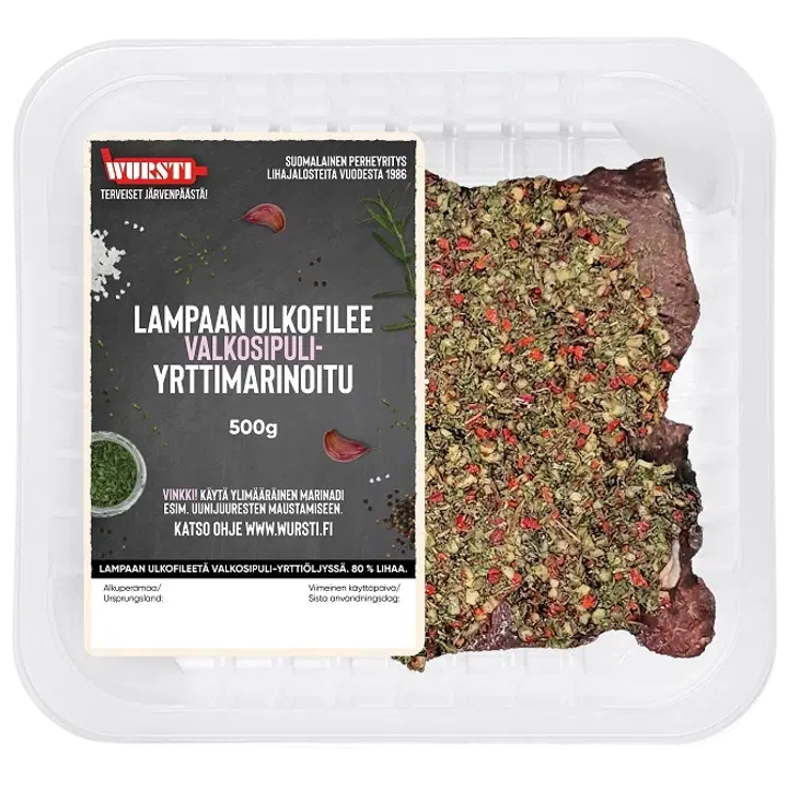 Wursti valkosipuli-yrttimarinoitu lampaan ulkofileetä 500g