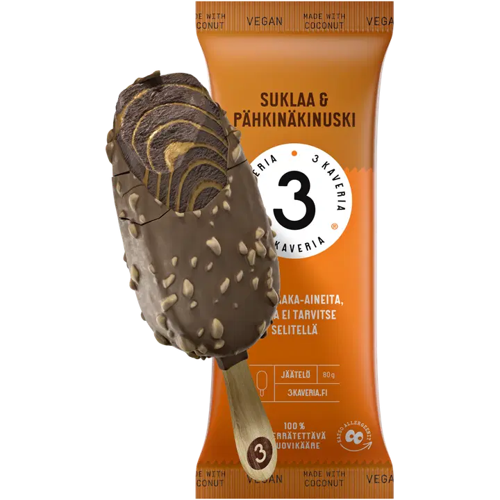 3 Kaveria Vegaaninen Suklaa & Pähkinäkinuski jäätelöpuikko 110ml/80g