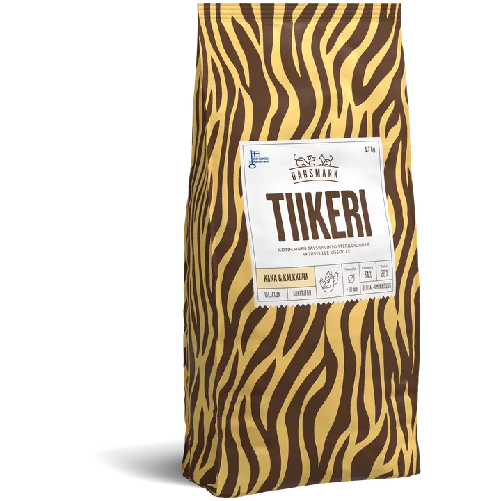Dagsmark TIIKERI kana-kalkkuna viljaton täysravinto kissan kuivaruoka steriloiduille aktiivisille kissoille 1,7 kg