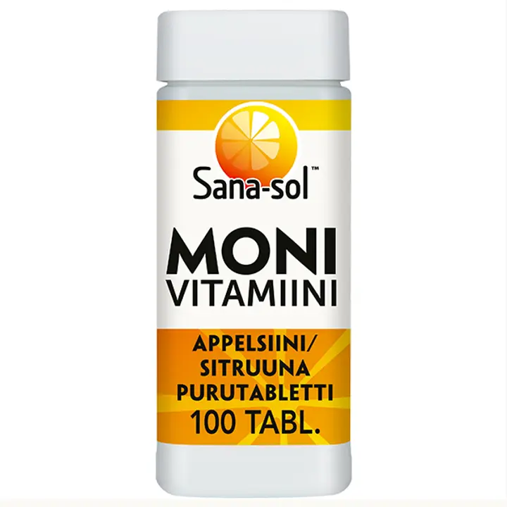 Sana-sol Monivitamiini-kivennäisaine Appelsiini/Sitruuna purutabletti ravintolisä 100tabl/107g