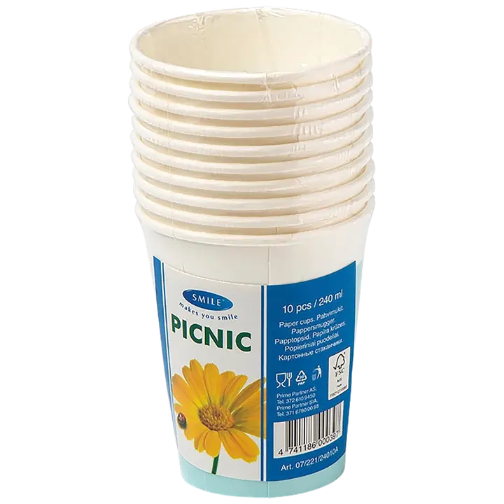 Smile kartonkimukit 240ml, jotka on valmistettu FSC-pahvista, sopii kuumille ja kylmille juomille, PE-pinnoitettu. Sininen.