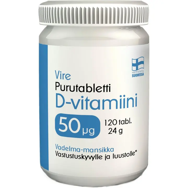 Vire D3-vitamiinivalmiste vadelman ja mansikan makuinen purutabletti 120 tablettia / 24 g