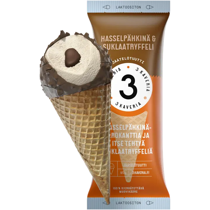 3 Kaveria Laktoositon Hasselpähkinä & Suklaatryffeli jäätelötuutti 150ml/95g