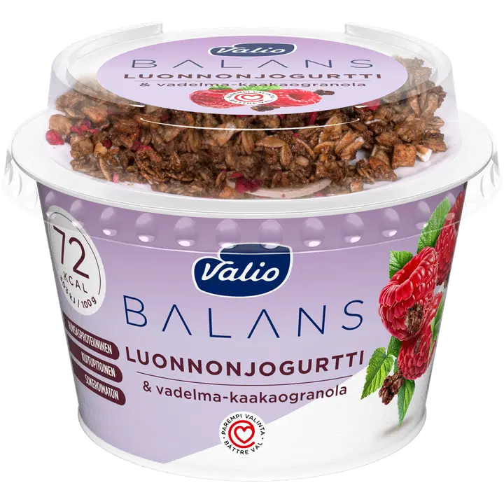 Valio Balans luonnonjogurtti maustamaton ja vadelma-kaakaogranola laktoositon 200 g