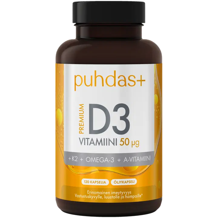 Puhdas+ Premium D3-vitamiini 50 µg + K2 + Omega-3 + A-vitamiini 120 kaps