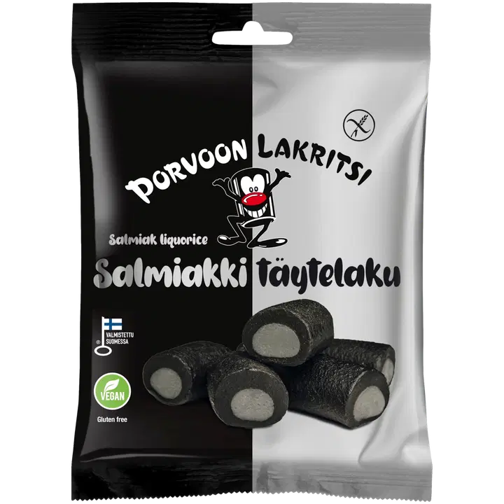 Porvoon Lakritsi Gluteeniton täytelakritsi salmiakki 150g salmiakinmakuinen täytelakritsi
