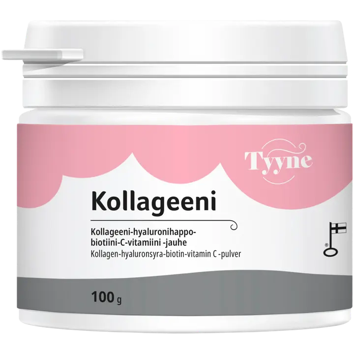 Tyyne Kollageeni 100 g, kotimainen kollageeni-hyaluronihappo-biotiini-sinkki-C-vitamiini jauhe, Vitabalans