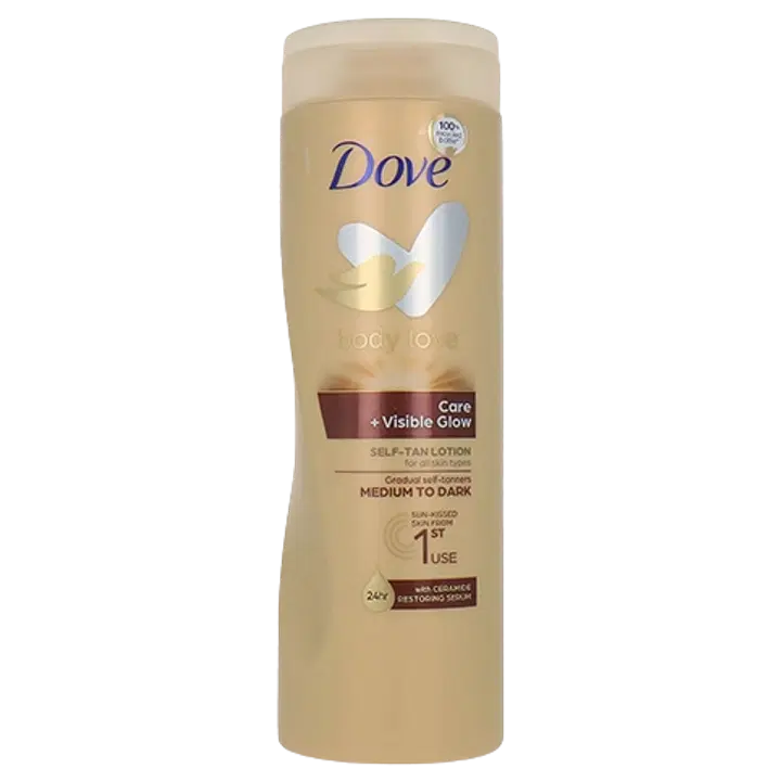 Dove itseruskettava voide keskitummasta tummaan lopputulokseen care + glow 400ml