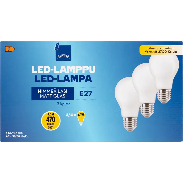 Rainbow LED-lamppu 4,5W E27 2700K 470lm himmeä lasi 3kpl
