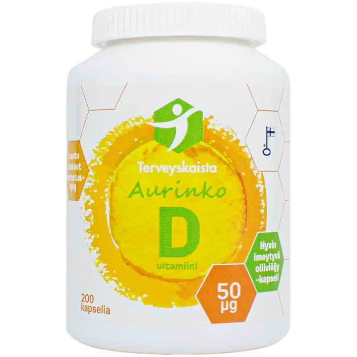 Terveyskaista  Aurinko D 50 µg 200 kaps extra virgin oliiviöljy