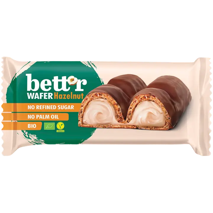 Bett'r Luomu Suklaakuorrutteinen vohvelipatukka hasselpähkinäkreemitäytteellä 33g