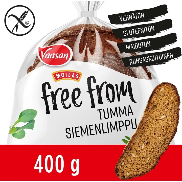 Vaasan Moilas Free From gluteeniton Tumma siemenlimppu 400g sekaleipä