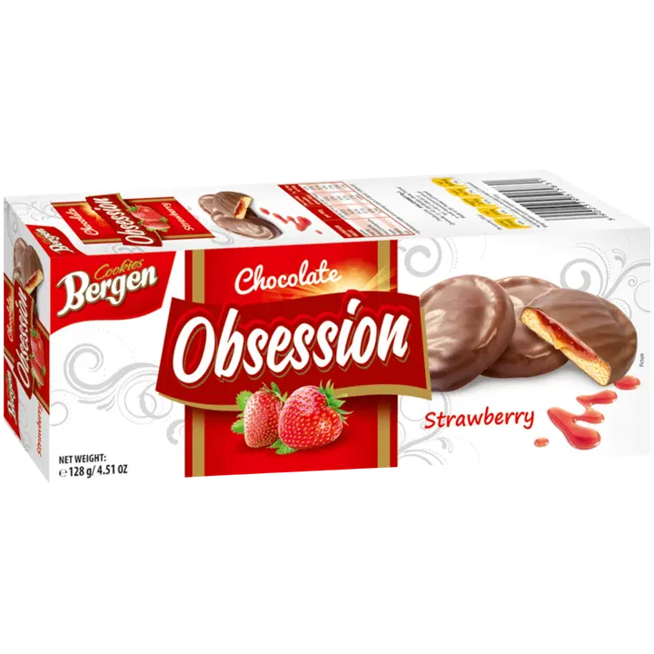 Bergen Obsession Strawberry 128g suklaakuorrutettu mansikkatäytekeksi