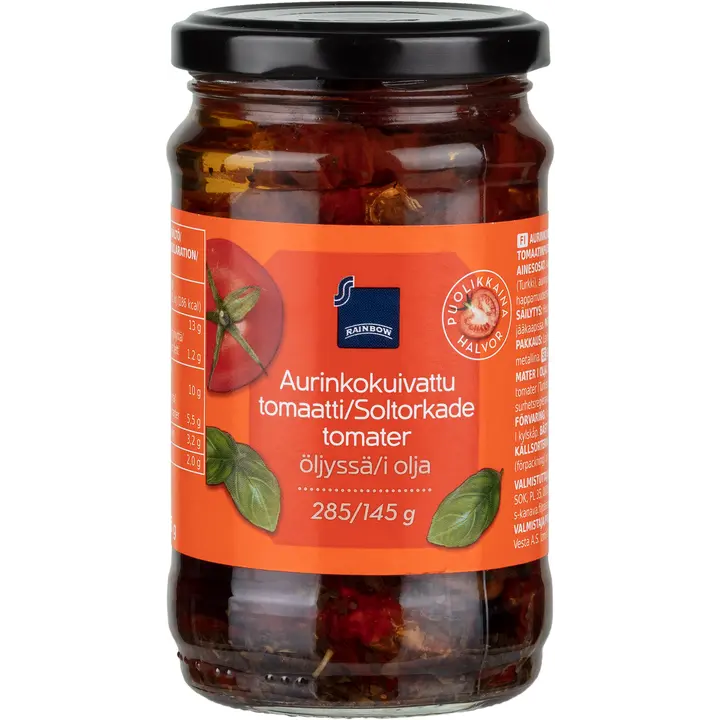 Rainbow aurinkokuivatut tomaatit puolikkaina öljyssä 285/145 g