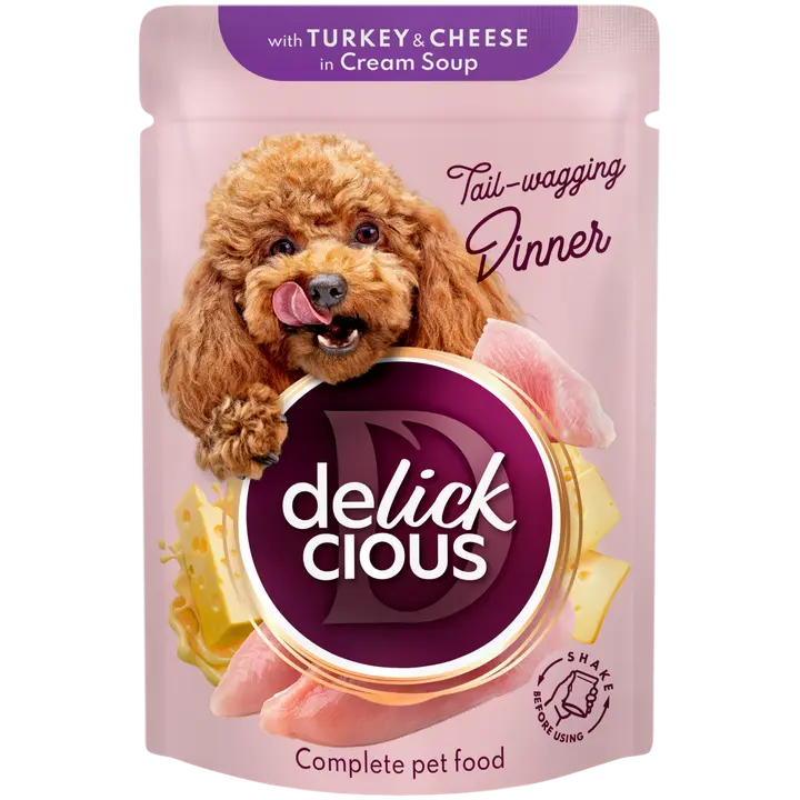 Delickcious Täisväärtuslik konserv täiskasvanud koertele – Kreemjas kalkuni-juustunauding, 85 g