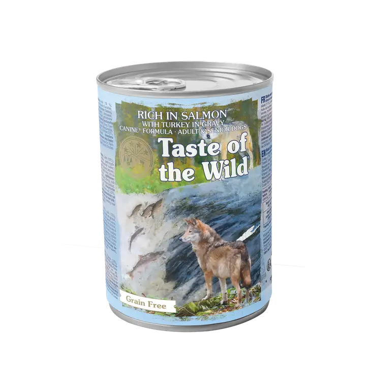 Taste of the wild wetlands salmon turkey gravy dog can 390g