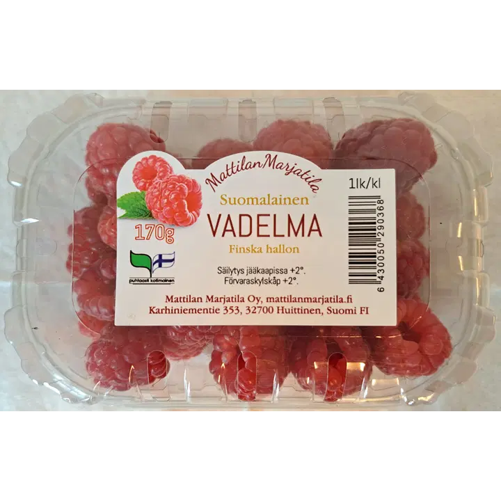 Suomalainen vadelma Mattilan Marjatila 170 g rasia tuore.