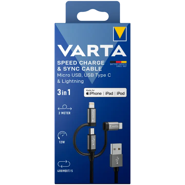 Kaabel Varta 3-in-1 2m must