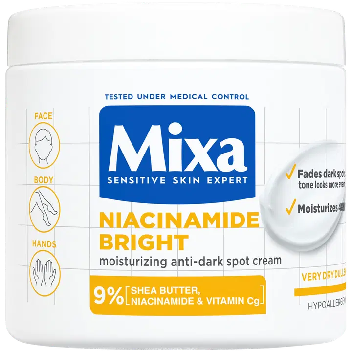 Mixa Niacinamide Bright Ravitseva voide tummia läiskiä vastaan, erittäin kuivalle iholle 400ml