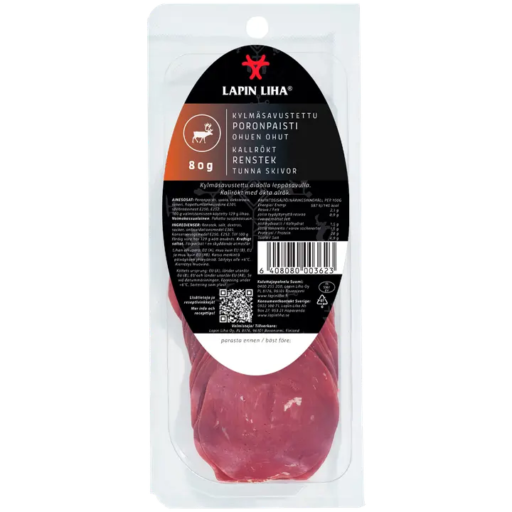 Lapin Liha Ohuen ohut kylmäsavustettu poronpaisti 80 g