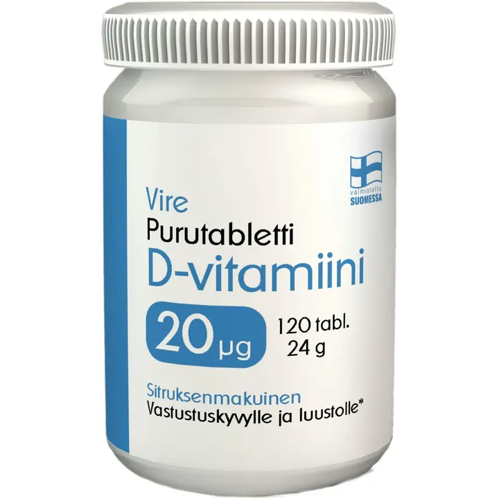Vire D3-vitamiinivalmiste sitruksenmakuinen purutabletti 120 tablettia / 24 g