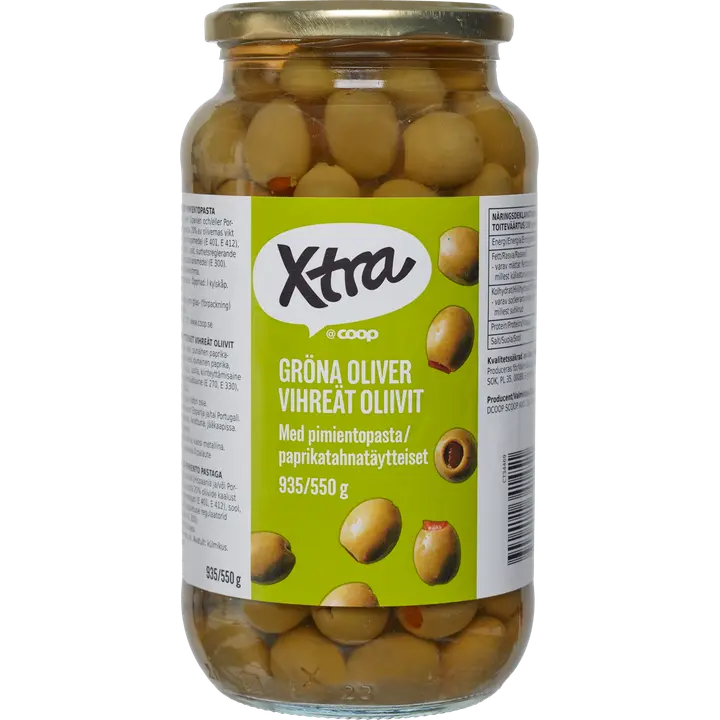 Xtra paprikatahnatäytteiset vihreät oliivit 935/550 g