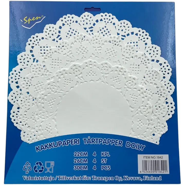 Spen Kakkupaperi 3 laj. 22/26/30cm valkoinen12kpl