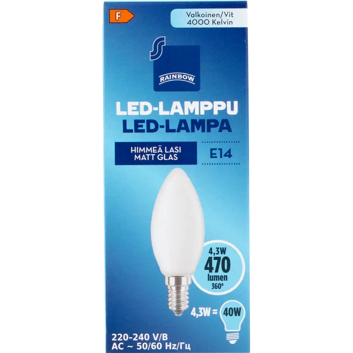 Rainbow LED-kynttilälamppu 4W E14 4000K 470lm huurrettu lasi