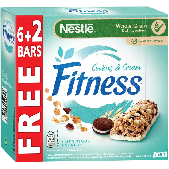 Nestlé Fitness 8x23.5g Cookies & Cream valkosuklainen viljapatukka kaakaokeksin paloilla
