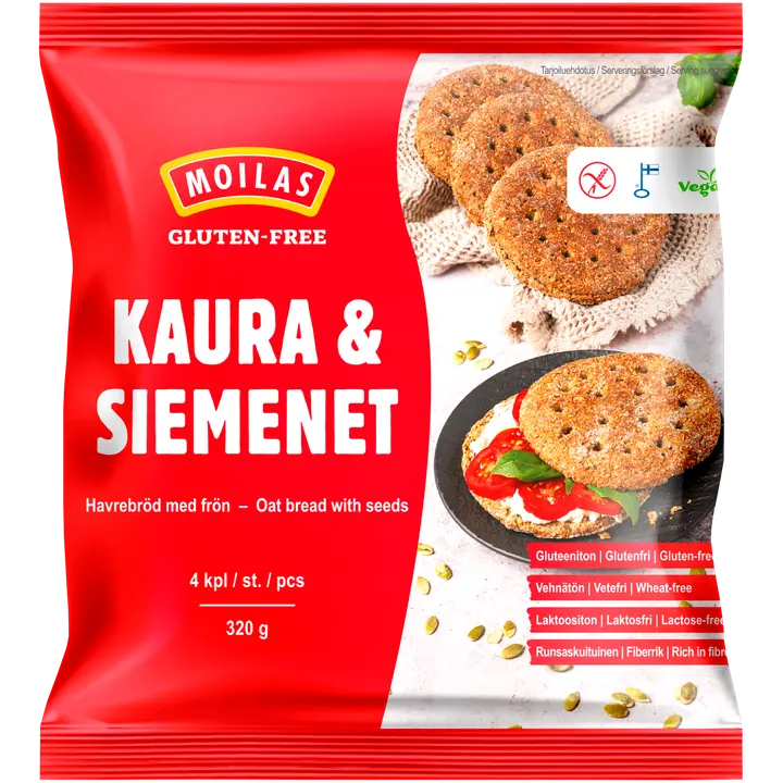 Moilas Gluten-Free Kaura & Siemenet 4 kpl/320 g, kaura-siemenpalaleipä kypsä pakaste