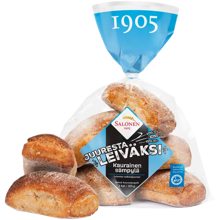 Leipomo Salonen Juuresta leiväksi Kaurainen sämpylä 5/325 g Vehnä-kaurasämpylä