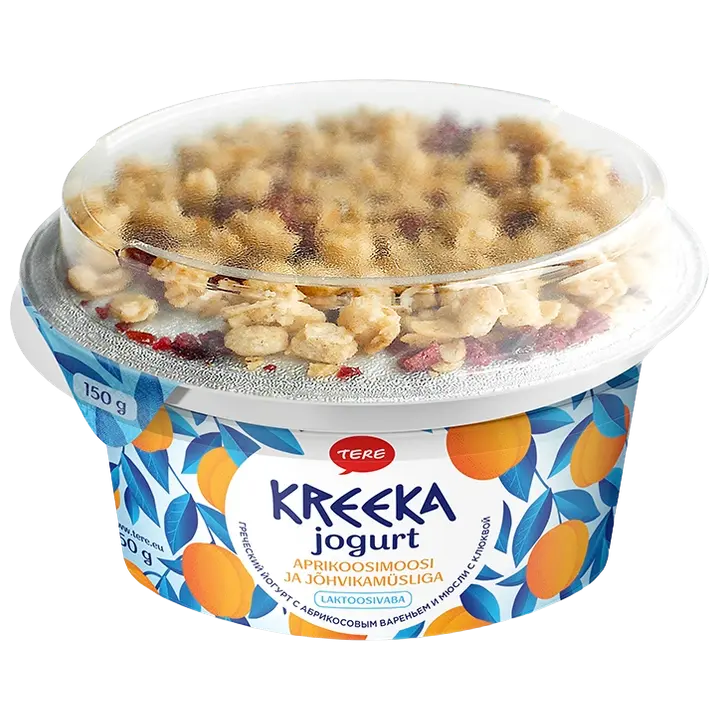 Aprikoosimoosi ja jõhvikamüsliga kreeka jogurt, 150 g