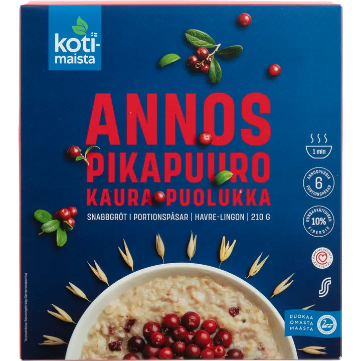 Kotimaista annospikapuuro kaura ja puolukka 210 g (6 x 35 g)