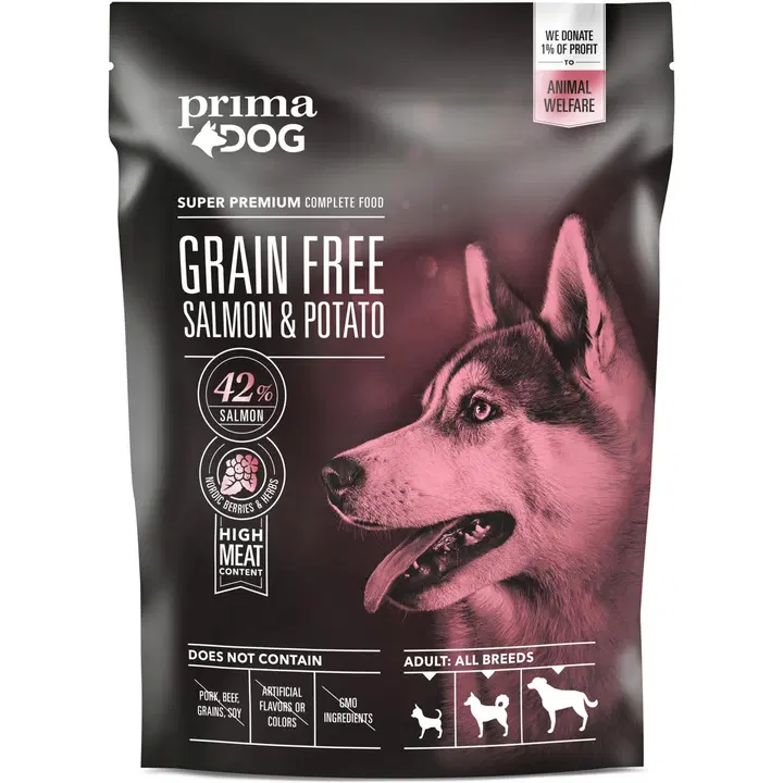 PrimaDog Lohi-peruna viljaton täysravinto kaikille aikuisille koirille 1,5 kg