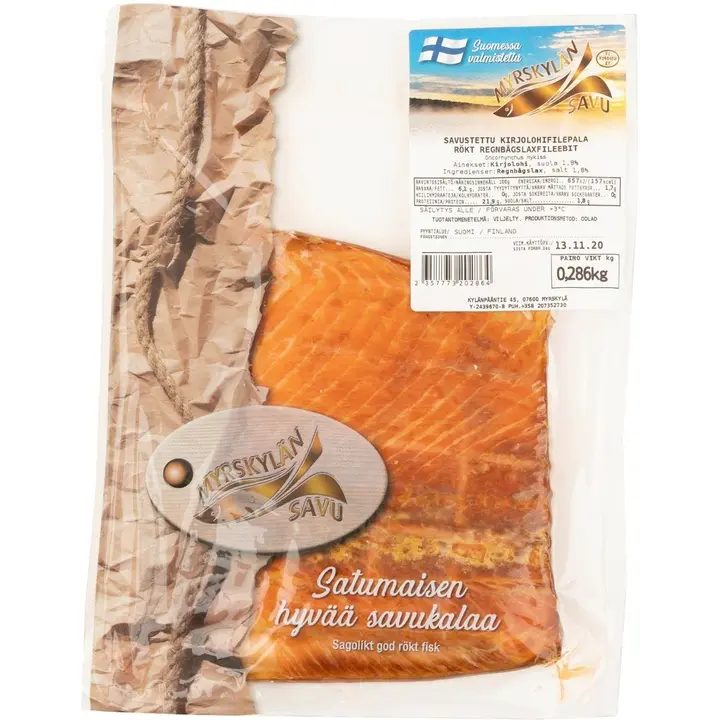 Myrskylän Savu lämminsavustettu kirjolohifilepala, vakuumipakattu n. 250 g
