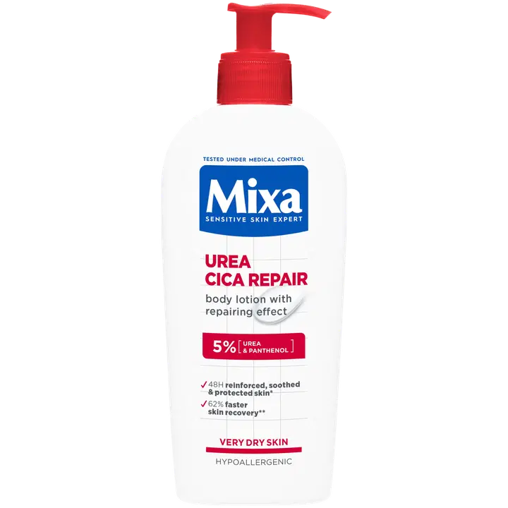 Mixa Urea Cica Repair Vartalovoide, jolla on ihon suojamuuria korjaava vaikutus erittäin kuivalle iholle 250ml