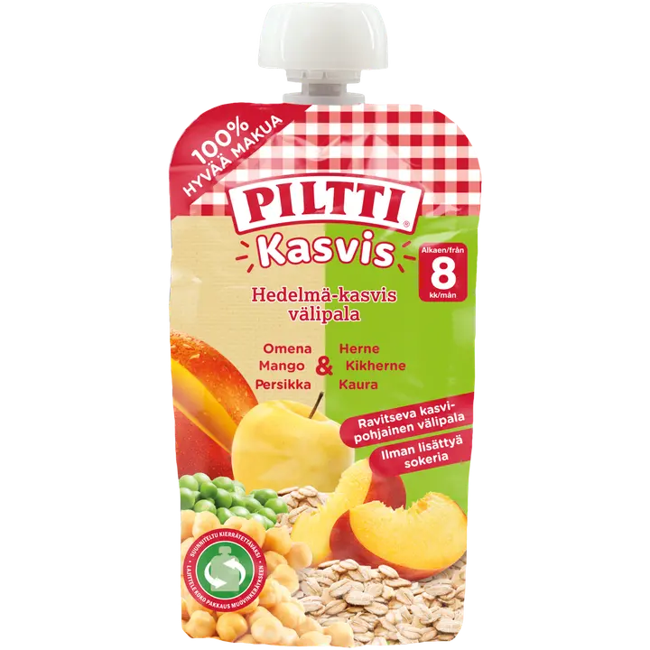 PILTTI Kasvis 110g Hedelmä-kasvis välipala omena-mango-persikka-herne-kikherne-kaura Luomu